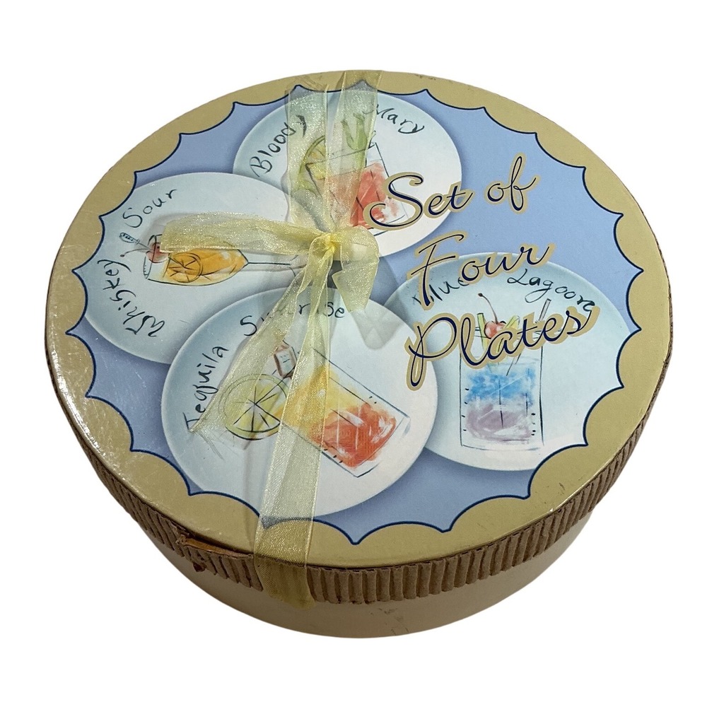 Set of 4 Cocktail Party Appetizer Plates Blue Lagoon Tequila Sunrise 7.5 Inch